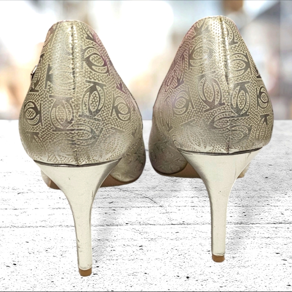 BEBE SAYDEE Women's High Heel Pumps w Logo Print Silver 9 - Picture 3 of 11